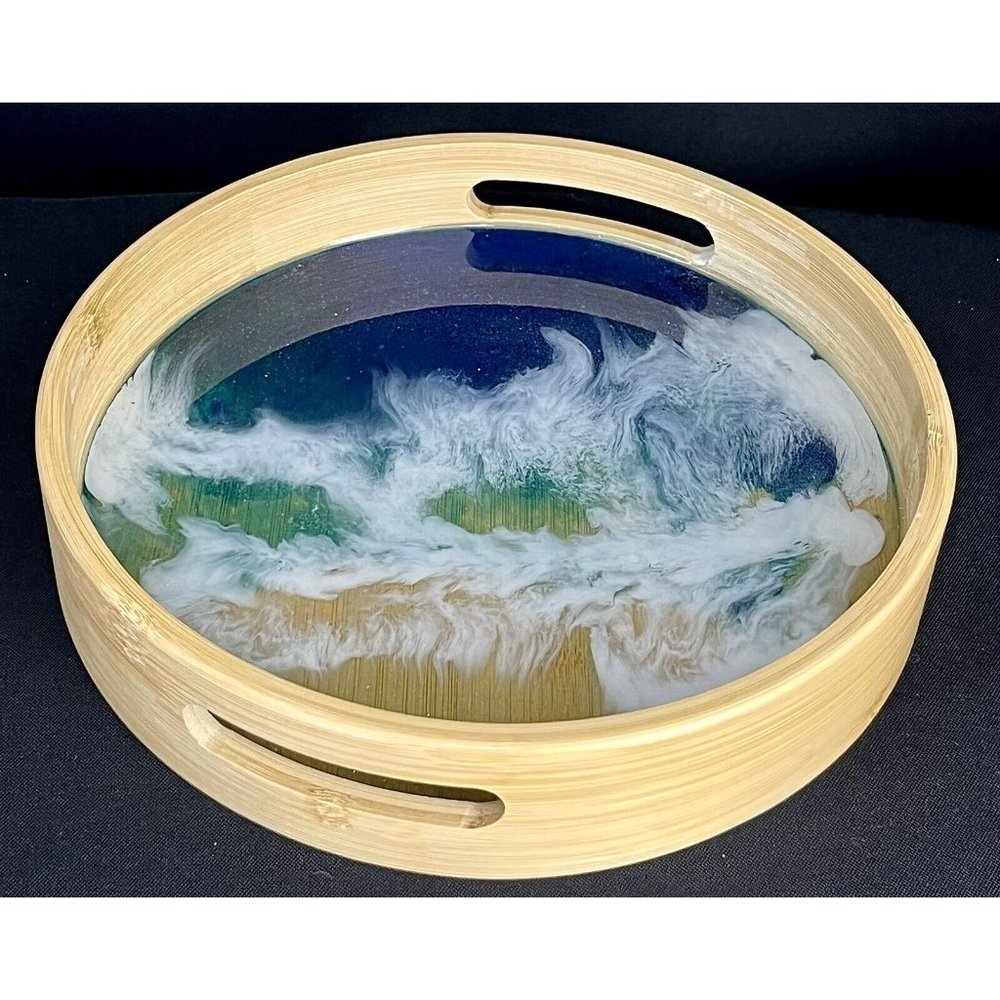 Ocean Resin Art in 10” Bamboo tray, Original Art - Picture 2 of 10